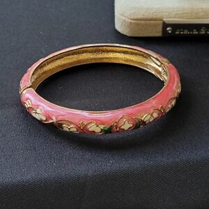 Vintage Helena Rubinstein HR Pink Cloisonne Floral Hinged Bangle Bracelet